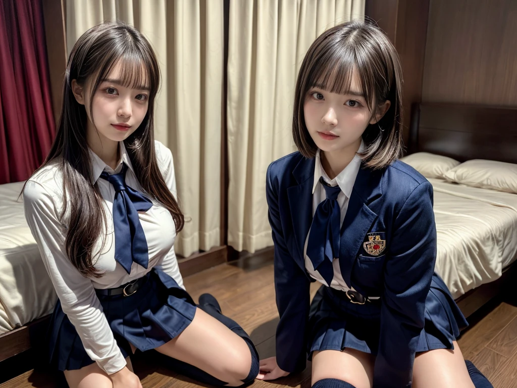 (8K, Raw photography, top-quality, ​masterpiece:1.2), master piece, best quality, illustration, Super detailed, fine details, High resolution, 8K,wall paper, perfect dynamic composition,(Details High quality, realistic depiction of eyes:1.3), ((2 girls, 2 schoolgirls)), The background is a luxury hotel room、High school girl uniform、blazer 、Super Short Check Uniform Skirt、Navy blue high socks、garterbelts、Colossal tits、Disturbed uniform, Play with each other,Touching each other's bodies,Touching the body of the girl next door, short bob hair, black hair color, huge breasts, Big Natural Color Lip, bold sexy pose, (perfect body shape), crying a little、cold gaze,  Beautiful makeup,glitter makeup,Cutest 18 years old, beautiful legs, hposing Gravure Idol, Voluptuous thighs