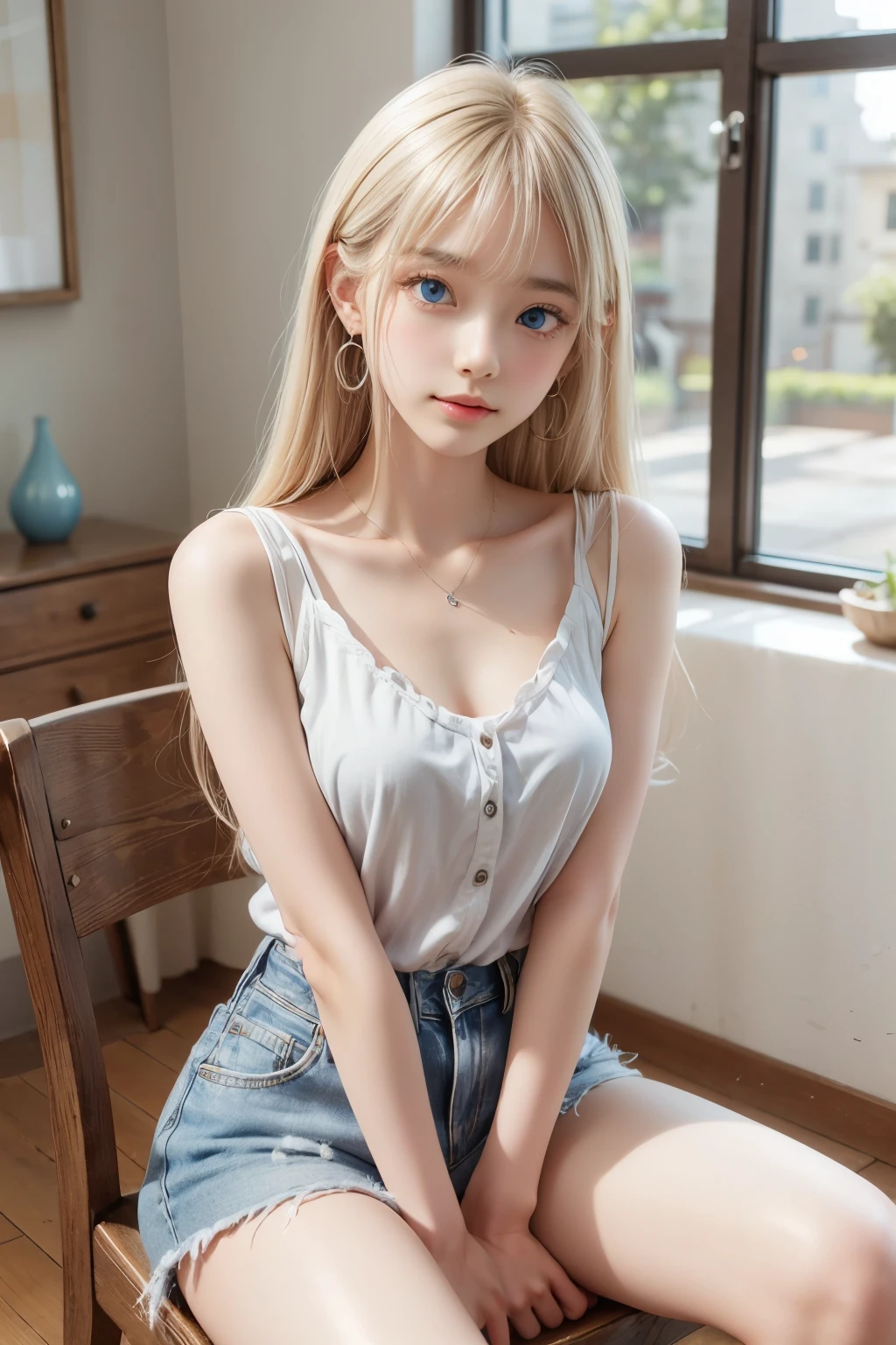 detailed face, cute face, brown eye, master piece , best quality , highly detailed , (matured female) , (chair) , (sitting) , (v arms) , blouse , short denim ,( Beautiful white glowing skin, incomparable beauty, bright, fresh, gentle expression, perfect beautiful cute face, shiny platinum blonde silk super long straight hair, beautiful shiny bangs, eyeliner, big clear sky blue eyes,, earrings)