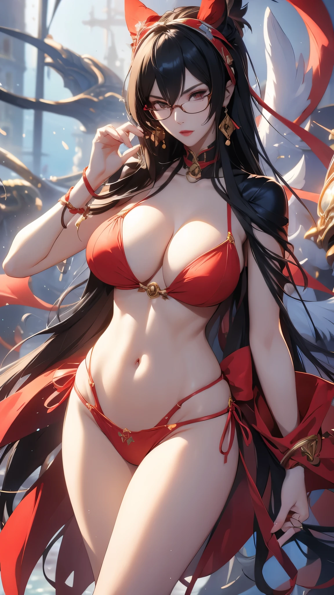 Bayonetta, nue (huge tits), Haut du corps, abdos, bikini comme s&#39;ils n&#39;existaient pas, deserted beach, gros seins, gigantesque seins, 4K ultra UHD, mains parfaites, cing doigts, yeux parfaits, bikini dentelle rouge