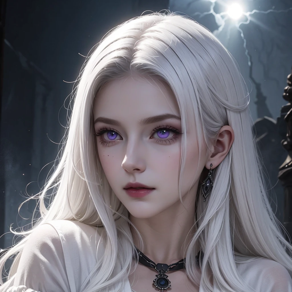 30 year old woman white hair, peinado trenzado y grueso sobre su hombro, light purple eyes with a dark and mysterious design with ashes floating in the air, evocando el ambiente de Dark Souls. Epic and with a relief effect to highlight strength and determination. La paleta de colores se basa en tonos oscuros como negro y gris, adding a touch of mystery and seriousness to the design.