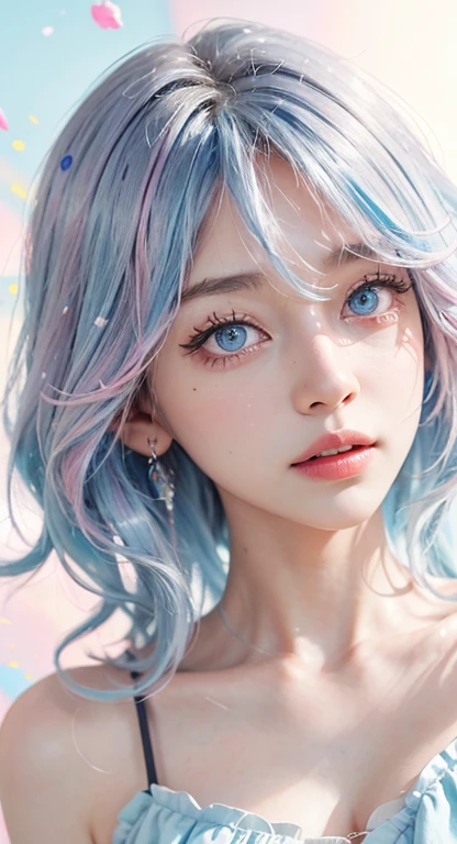 （masterpiece、highest quality、High resolution），（Colorful background，（Splattered Conk，Splashes of color）），pretty girl，Blue Pink Medium Long Hair，Light blue hair，curl，blue eyes，flash，Pink lips，camisole，front，Whole Body Ezbian:0.6，Volumetric lighting，Splashes of color，An explosion of colors，Surrounded by colorful splashes、Beautiful décolleté、