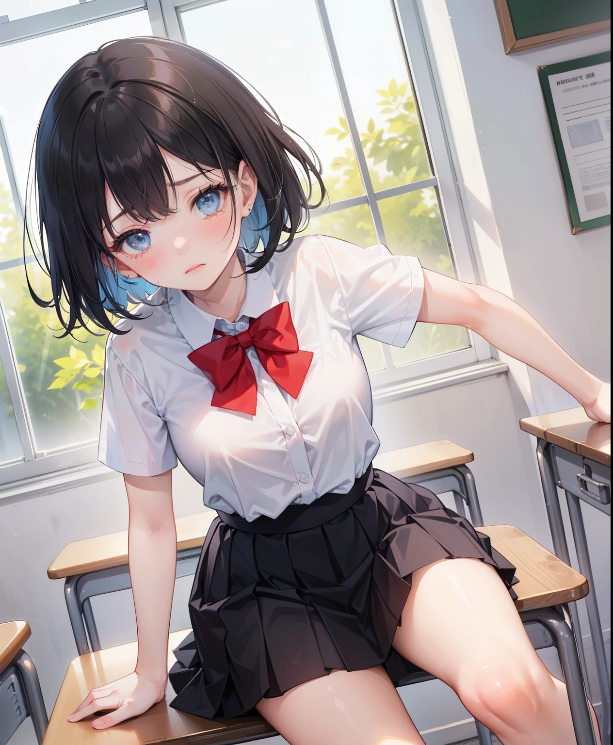 1 girl, 16 years old, Dynamic posing, dynamic angle, Arrange pose,Top quality work，Show Legs，(short black hair),(blue eyes), Rose cheeks, Pretty Face, A perfectly proportioned face, school white shirt with red bow and black skirt, (school uniform), (school white shirt), white stockings，school, in classroom, she is crying