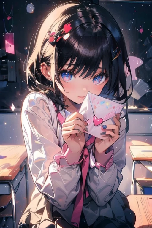 1girl,solo,cute,black hair,she give a letter,,perfect fingers,love letter,perfect letter,heart,envelope,pink,in classroom,around desk,after school