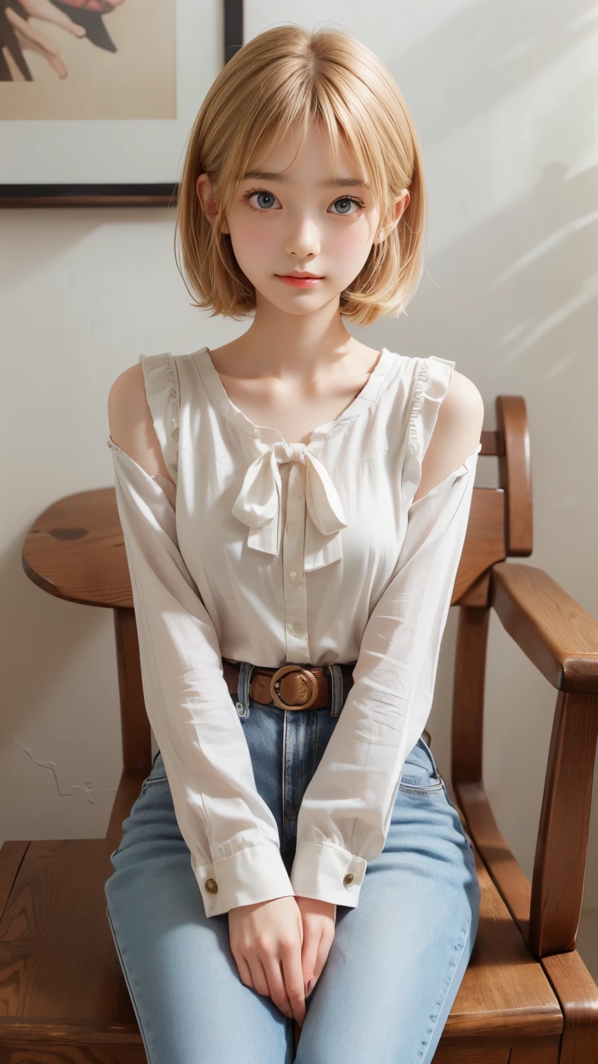 detailed face, cute face, brown eye, master piece , best quality , highly detailed , (matured female) , (chair) , (sitting) , (v arms) , blouse , short denim ,( blond hair)