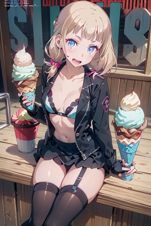1 girl, small nose, very beautiful detailed face and eyes, bright colors, cute face, delicate beautiful face, Bright magenta eyes, cute eyes, sparkling eyes, Big eyes, (small breasts:1.3), (perky chest:1.1), (pointed chest:1.0), (icecream magazine cover:1.3),highest quality, WorKs of masters, High resolution,BlacK color hair,shiny hair, side ponytail,hair between eyes,bangs, (black jacket, real clothes, cleavage, black skirts, black thighhighs, thigh strap, fingerless gloves, single glove:1.2) , spread legs, panties shot, medium hips, glamorous body, white skin, smile, thin pubric hair, super beautiful face, Super beautiful eyes, Super beautiful hair,trendy outfit,sexy and attractive,full body esbian, Real World, Natural light,perfect Natural light,(with sparkling eyes and a contagious smile), This masterpiece is not only visually stunning but also tells, make of cake cooking , in the kitchen, open mouth, looking at viewer,