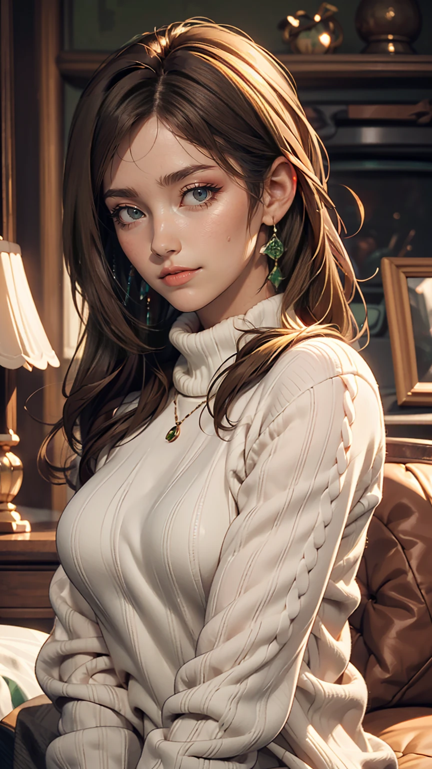 Beautifully detailed、High resolution portrait masterpiece of a girl with long hair。, Shiny brown hair and captivating green eyes, Wear a cozy sweater、She has a gorgeous smile that accentuates her small but perfectly shaped breasts..