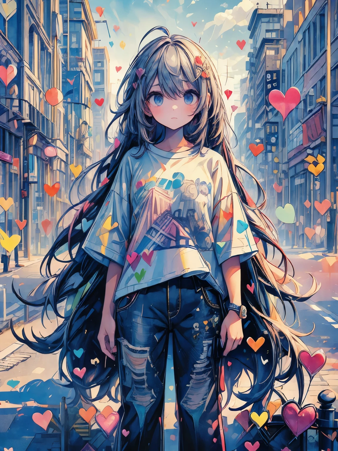 ((((masterpiece)))), highest quality, very_expensive_solve, Full Color, Gentle expression, Heart Eyes, 1 girl, Background heart cityscape, Street Style, Oversized T-shirt, Oversized pants, Looking at this, watercolor, Bokeh, Cityscape, whole body