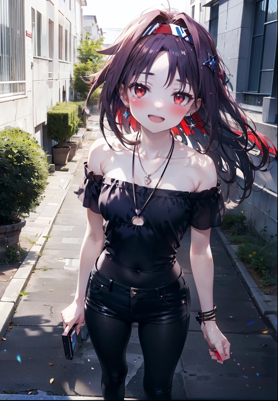 yuukikonno, Yuki Konno, hair band, Long Hair, Pointy Ears, Purple Hair, (Red eyes:1.5), (Small breasts:1.2), blush,happy smile, smile, Open your mouth,Purple cold shoulder top,Short sleeve,skinny pants,Heeled Sandals,Heart-shaped necklace,sunset,evening,The sun goes down,whole bodyがイラストに入るように,Looking down from above, break looking at viewer, whole body, (Cowboy Shot:1. 5),break outdoors, School,courtyard, break (masterpiece:1.2), highest quality, High resolution, unity 8k wallpaper, (shape:0.8), (Beautiful and beautiful eyes:1.6), Highly detailed face, Perfect lighting, Extremely detailed CG, (Perfect hands, Perfect Anatomy),