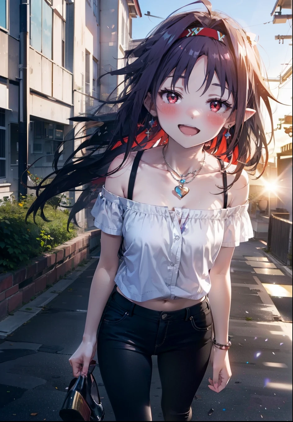 yuukikonno, Konno Yuuki, hair band, Long Hair, Pointed Ears, Purple Hair, (Red eyes:1.5), (Small breasts:1.2), blush,happy smile, smile, Open your mouth,Purple cold shoulder tops,Short sleeve,skinny pants,Stiletto heels,Heart-shaped necklace,Sunset,evening,The sun is setting,whole bodyがイラストに入るように,Looking down from above, break looking at viewer, whole body, (Cowboy Shot:1. 5),break outdoors, School,courtyard, break (masterpiece:1.2), highest quality, High resolution, unity 8k wallpaper, (shape:0.8), (Fine and beautiful eyes:1.6), Highly detailed face, Perfect lighting, Highly detailed CG, (Perfect hands, Perfect Anatomy),