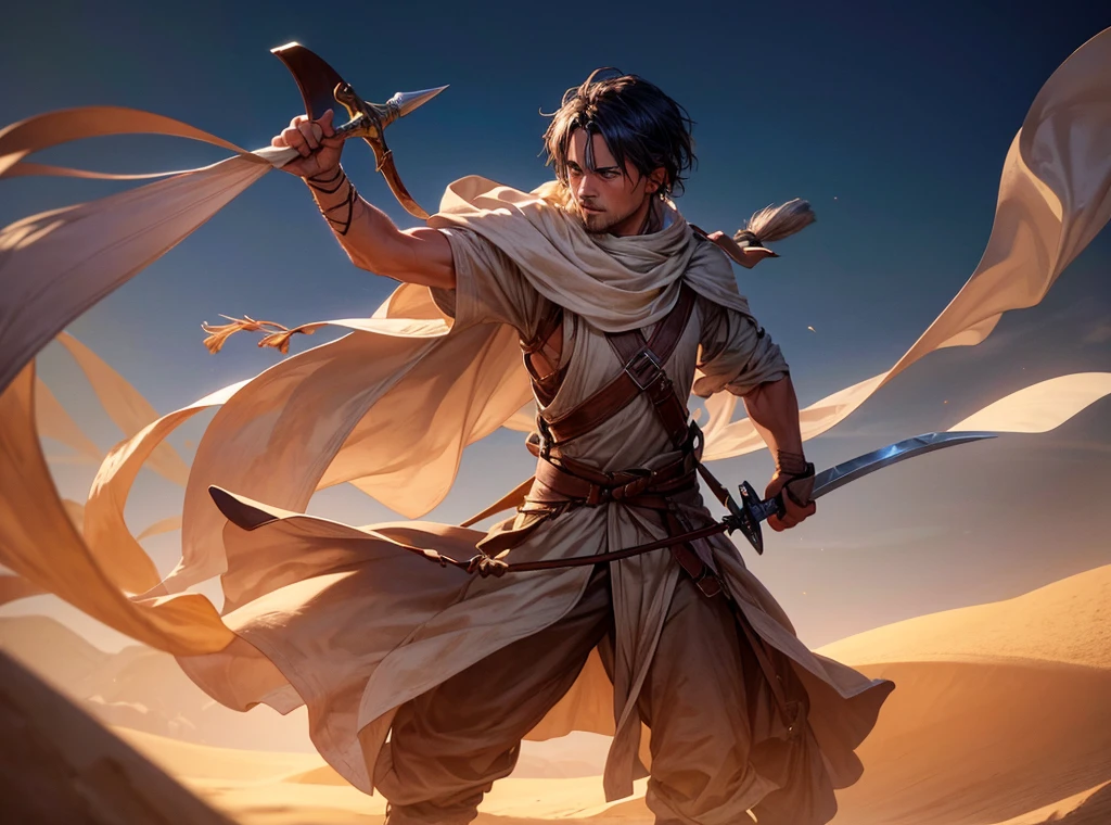 RAW photo, portrait photo of a 35 year old blue-eyed man in full desert clothing, carrying a sickle-shaped sword, night, desert, sand flying in the wind (high detail skin: 1.2), 8k uhd, dslr, dim lighting, quality high, film grain, Fujifilm XT3