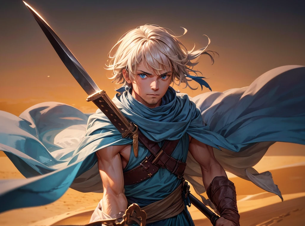 RAW photo, portrait photo of a 35 year old blue-eyed man in full desert clothing, carrying a sickle-shaped sword, night, desert, sand flying in the wind (high detail skin: 1.2), 8k uhd, dslr, dim lighting, quality high, film grain, Fujifilm XT3