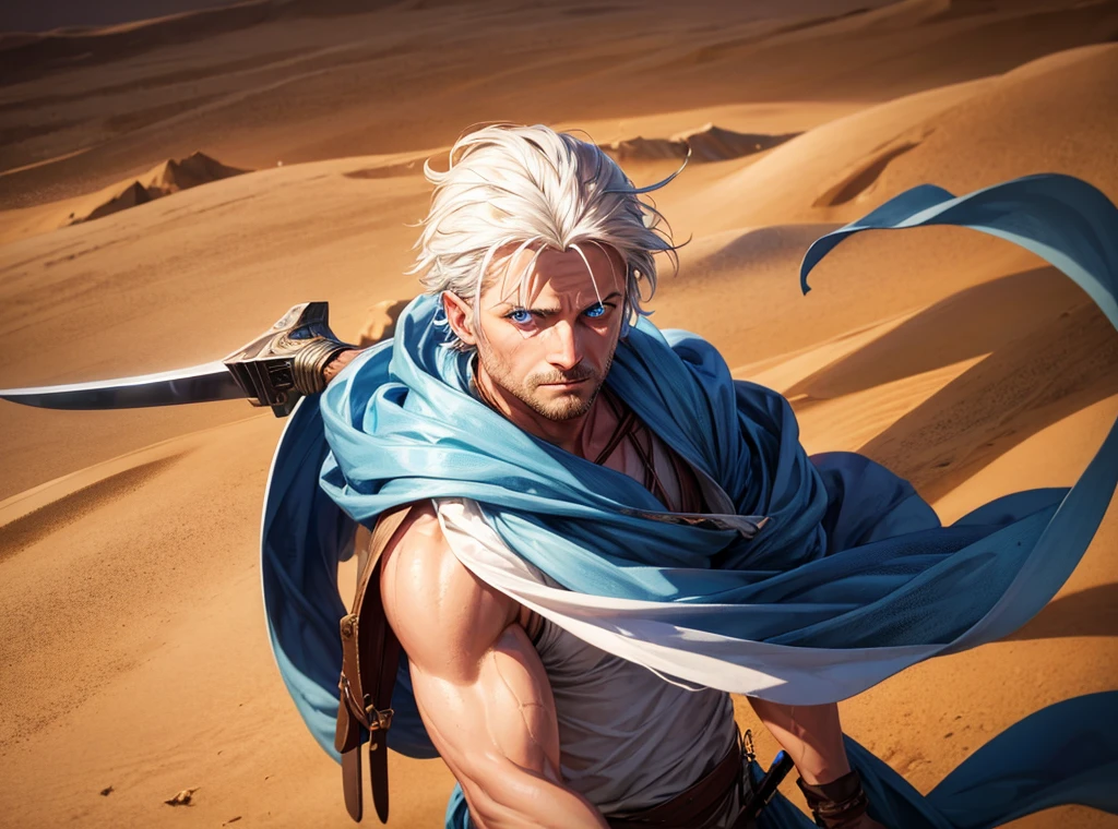 RAW photo, portrait photo of a 35 year old blue-eyed man in full desert clothing, carrying a sickle-shaped sword, night, desert, sand flying in the wind (high detail skin: 1.2), 8k uhd, dslr, dim lighting, quality  high, film grain, Fujifilm XT3