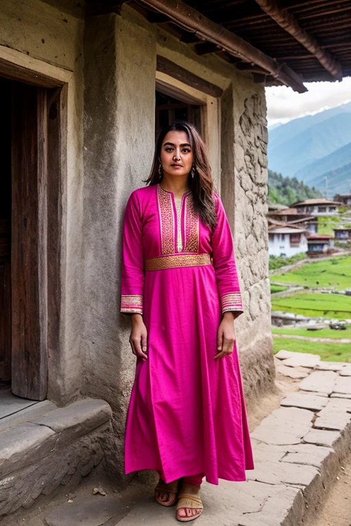 Create a realistic and ultra-detailed photo featuring a Pahari girl with facial features similar to Preeti Zinta, ultra 4K lens, including beautiful small eyes, lips, and nose. She is dressed in traditional Himachali attire, standing in front of a traditional mud house with the stunning Himalayas in the background. The scene is set in a picturesque Himalayan village, showcasing the vibrant and colorful Himachali dress, rich in cultural detail. Capture the essence of the Gaddi culture and the beauty of the region with ultra 8k quality.