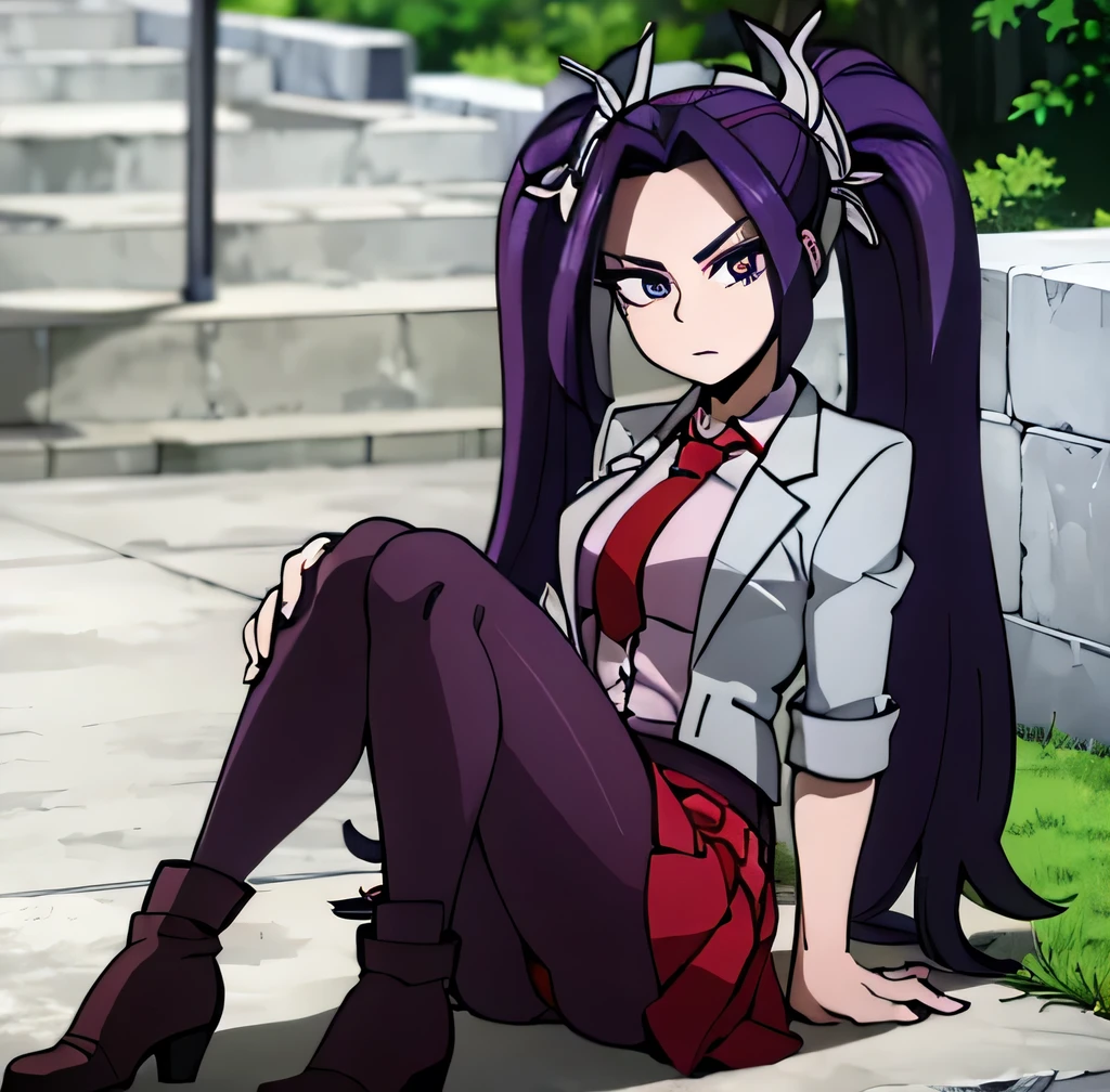 (masterpiece, best quality:1.2), solo, female focus, 1girl, aria blaze, looking at viewer, twintails purple hair, purple eyes, gray jacket, red tie, white shirt, teal skirt, gray pantyhose, boots