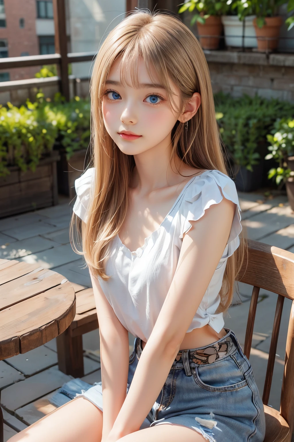 detailed face, cute face, brown eye, master piece , best quality , highly detailed , (matured female) , (chair) , (sitting) , (v arms) , blouse , short denim ,( Beautiful white glowing skin, incomparable beauty, bright, fresh, gentle expression, perfect beautiful  cute face, shiny platinum blonde silk super long straight hair, beautiful shiny bangs, eyeliner, big clear sky blue eyes,, earrings)
