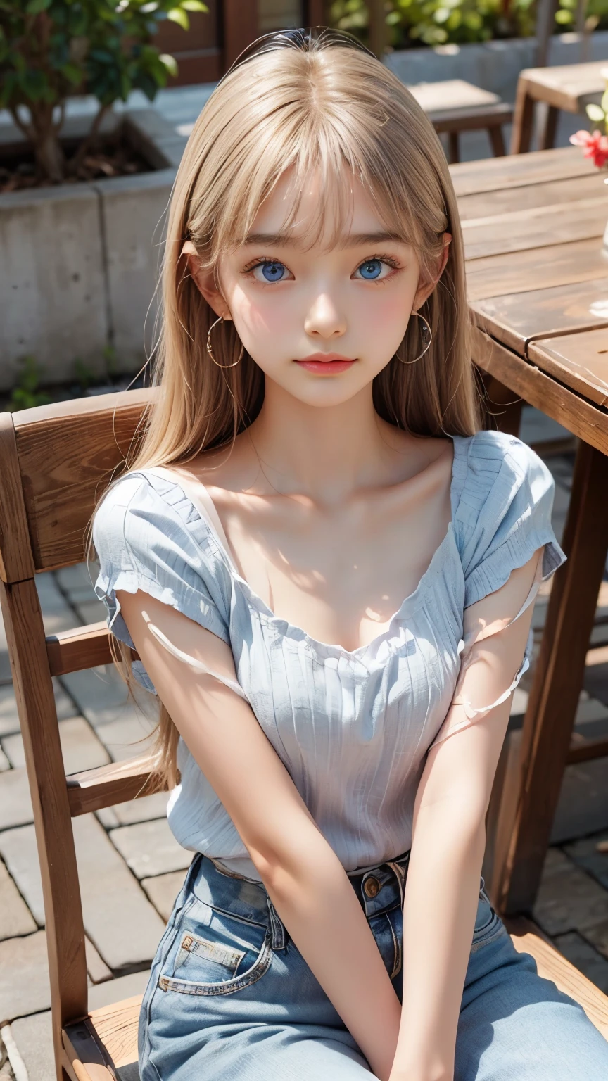 detailed face, cute face, brown eye, master piece , best quality , highly detailed , (matured female) , (chair) , (sitting) , (v arms) , blouse , short denim ,( Beautiful white glowing skin, incomparable beauty, bright, fresh, gentle expression, perfect beautiful  cute face, shiny platinum blonde silk super long straight hair, beautiful shiny bangs, eyeliner, big clear sky blue eyes,, earrings)