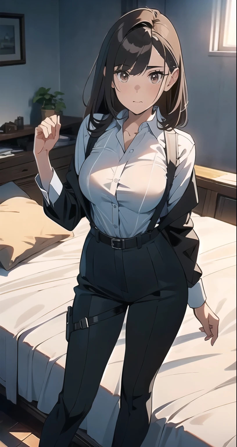 Brown Hair、Staring at the audience　　　Black suspenders　　　bulging big breasts　　 　 　　　wall: 　Black pantsuit　　　　　　sight　　　Small face　 　　　holster　　　Beautiful woman　　Show your hand　　 Lying in bed　　sight 　　Taunt　side　side汗 　arm　Dress shirt　Black Suit　belt