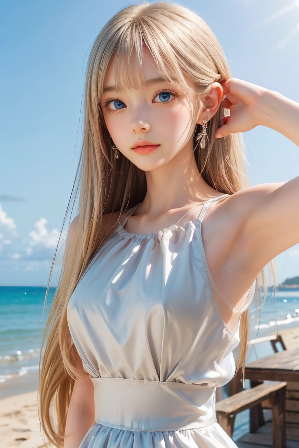detailed face, cute face, master piece , best quality , detailed , dresses , standing , hands up , armpit , from front , beach, Shiny platinum blonde silk super long straight hair, beautiful shiny bangs, big clear sky blue eyes, very beautiful bright eye highlights