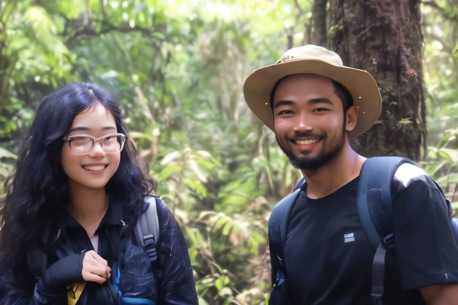 smiling couple in the woods with backpacks and backpack, in jungle forest, in jungle forest peak, in forest jungle, in front of a forest background, trekking in a forest, in jungle, in jungle forest !!!, in a jungle environment, jungles in the background, on a jungle forest, wpol and sarasti, ghutra and egal, in a jungle