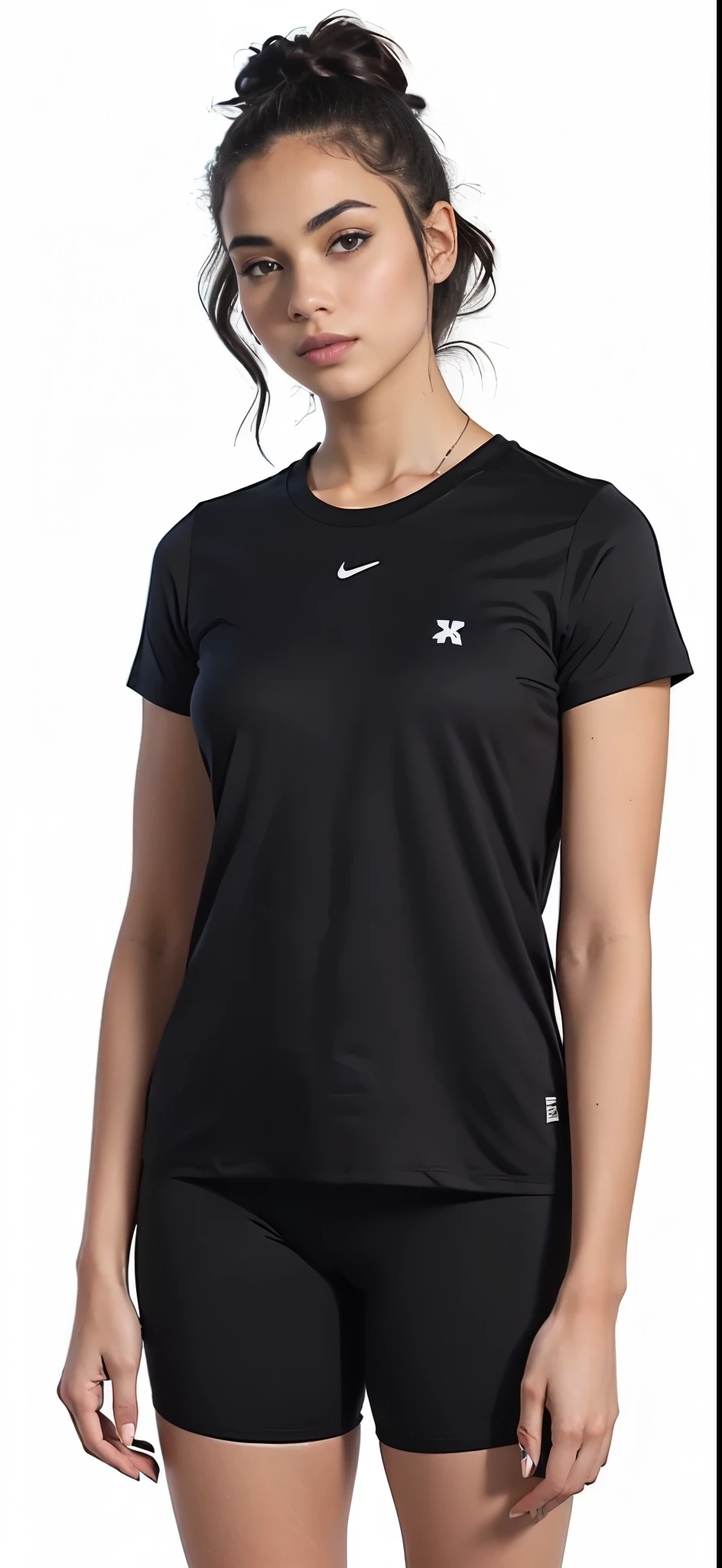 uma mulher de short preto e blusa preta, wearing a black Camiseta, camisa preta underneath armor, Manga curta, camisa preta, vestindo uma camiseta preta, texturizado preto, vestindo camiseta preta, vestindo uma camiseta muscular, camiseta, Camiseta, vista superior e lateral, trend in r/technological clothing, camiseta preta, vistas laterais frontais completas