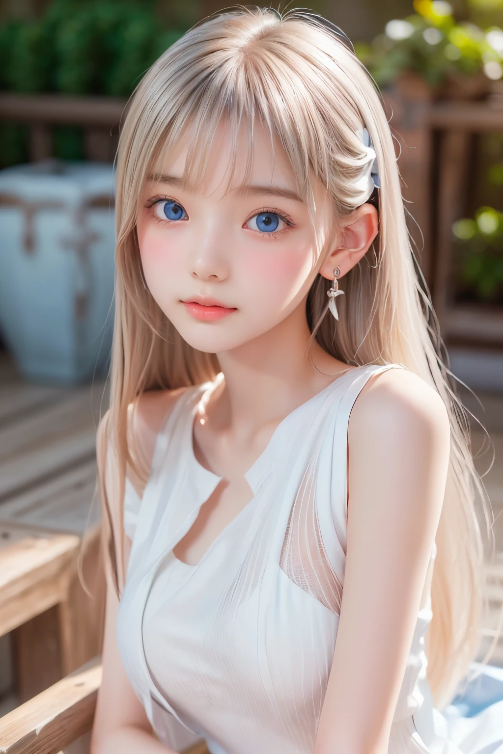 ((sfw: 1.4)), ((detailed face, professional photography)), ((sfw, Beautiful white glowing skin, incomparable beauty, bright, fresh, gentle expression, perfect beautiful cute face, shiny platinum blonde silk super long straight hair, beautiful shiny bangs, eyeliner, big clear sky blue eyes, earrings, earrings, 1 Girl)), Ultra High Resolution, (Realistic: 1.4), RAW Photo, Best Quality, (Photorealistic Stick), Focus, Soft Light, ((15 years old)), (( (young face))), (surface), (depth of field), masterpiece, (realistic), woman, bangs, ((1 girl))