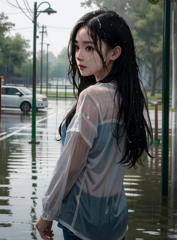 there is a woman that is standing in the rain，Head in the water, pretty girl standing in the rain, rained, raining portrait, Wet hair, after rain and no girls, Soaked, rainy wet, Wet floating, In the rain, covered in water drops, Wet look, Realistic. Cheng Yi, wet from rain, It just rained, under rain, rainy days