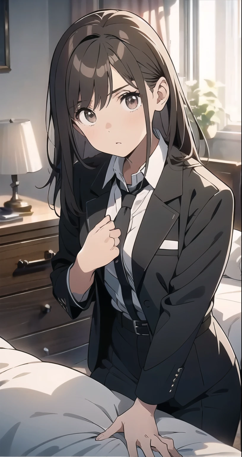 Brown Hair、Staring at the audience　　　Black suspenders　　　bulging big breasts　　 　 　　　wall: 　Black pantsuit　　　　　　sight　　　Small face　 　　　holster　　　Beautiful woman　　Show your hand　　 Lying in bed　　sight 　　Taunt　side　side汗 　arm　Dress shirt　Black Suit　belt