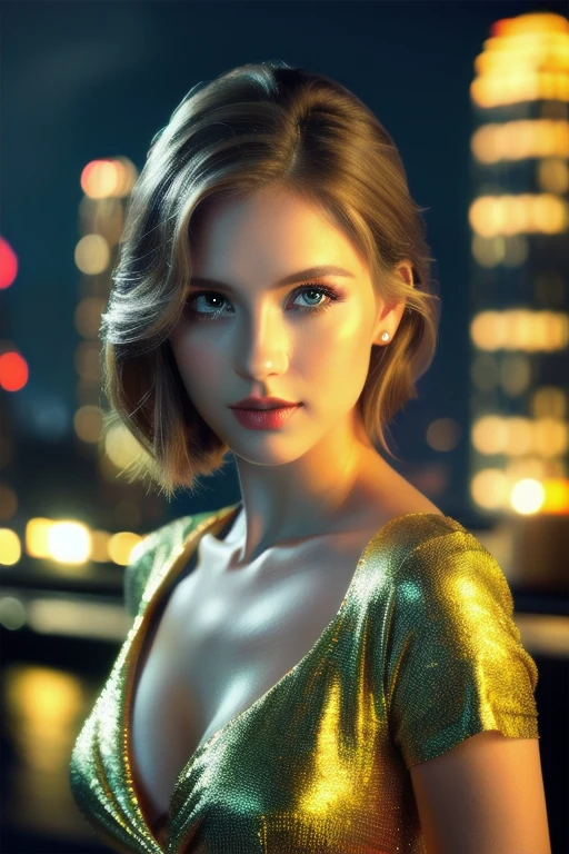 a beautiful russian woman in her 20s, light brown hair, fine white skin, attractive face, tight waist, cleavage,  wearing stylish clothes and necklace,  detailed eyes, nose, lips, long eyelashes, perfectly balanced body, rough hairstyle, (best quality,8k,highres,masterpiece:1.2),ultra-detailed,(realistic,photorealistic,photo-realistic:1.37),HDR,UHD,studio lighting,ultra-fine painting,sharp focus,physically-based rendering,extreme detail description,professional,vivid colors,bokeh,portrait,beautiful night scenery,future city,beautiful feet