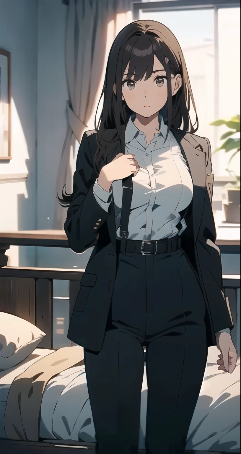 Brown Hair、Staring at the audience　　　Black suspenders　　　bulging big breasts　　 　 　　　wall: 　Black pantsuit　　　　　　sight　　　Small face　 　　　holster　　　Beautiful woman　　Show your hand　　 Lying in bed　　sight 　　Taunt　side　side汗 　arm　Dress shirt　Black Suit　belt