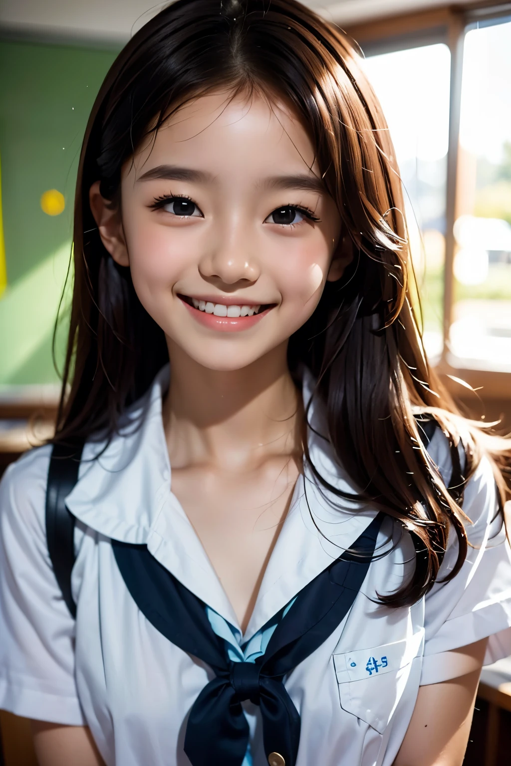 lens: 135mm f1.8, (highest quality),(RAW Photos),, classroom, uniform,cute, smile, Close-up, 