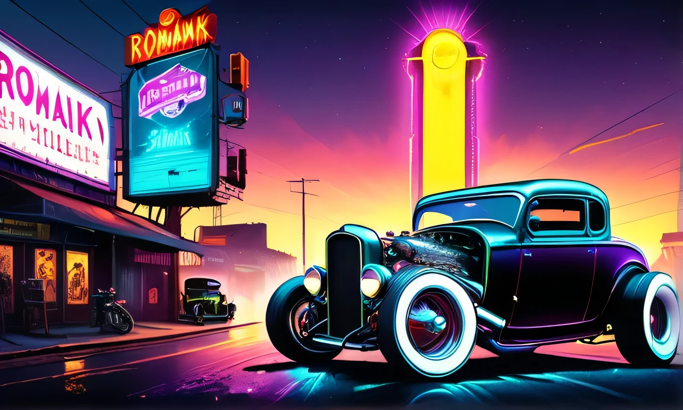 photorealistic, detailed digital illustration of a romanpunkai, old, scifi rat rod at a Neon-lit streets with hovering billboards Sunrays shine upon it, inkpunk style