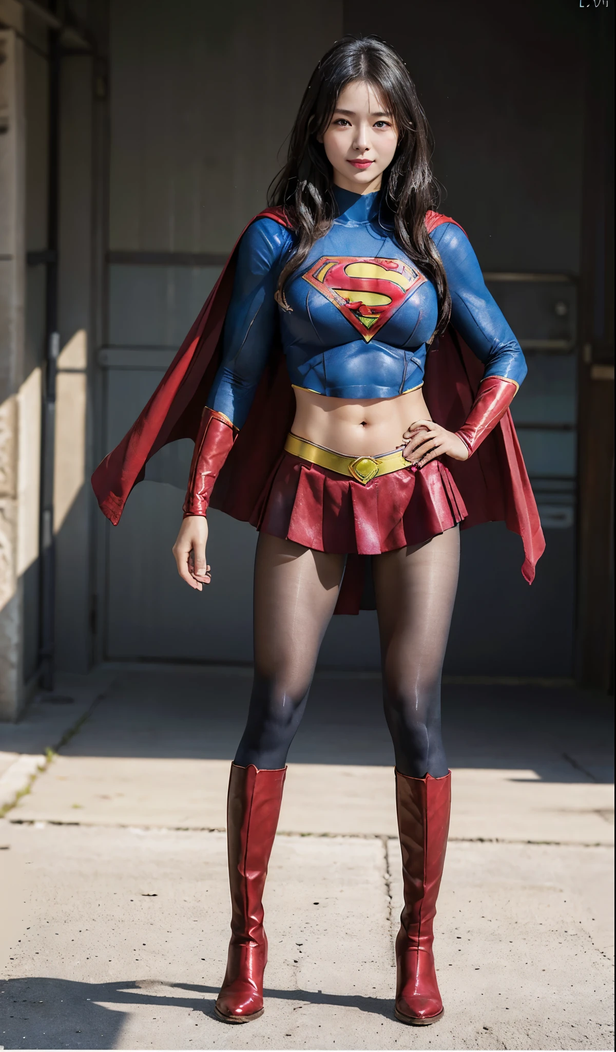 No background、(((Beautiful legs in black tights.)))、(((Legally express the beauty of your smile)))、((((Make the most of your original images)))、(((Supergirl Costume)))、(((Beautiful Hair)))、(((suffering)))、(((Please wear black tights....、Wear red boots)))、((Best image quality、8k))、((highest quality、8k、masterpiece:1.3))、(((Preserve background )))、Sharp focus:1.2、Beautiful woman with perfect figure:1.4、Slim Abs:1.2、Wet body:1.5、Highly detailed face and skin texture、8k