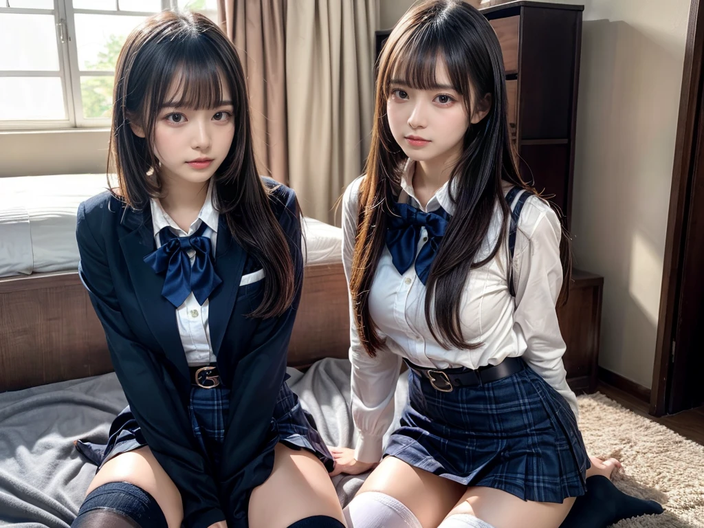 (8K, Raw photography, top-quality, ​masterpiece:1.2), master piece, best quality, illustration, Super detailed, fine details, High resolution, 8K,wall paper, perfect dynamic composition,(Details High quality, realistic depiction of eyes:1.3), ((2 girls, 2 schoolgirls)), The background is a luxury hotel room、High school girl uniform、blazer 、Super Short Check Uniform Skirt、Navy blue high socks、garterbelts、Colossal tits、Disturbed uniform, Play with each other,Touching each other's bodies,Touching the body of the girl next door, short bob hair, black hair color, huge breasts, Big Natural Color Lip, bold sexy pose, (perfect body shape), crying a little、cold gaze,  Beautiful makeup,glitter makeup,Cutest 18 years old, beautiful legs, hposing Gravure Idol, Voluptuous thighs