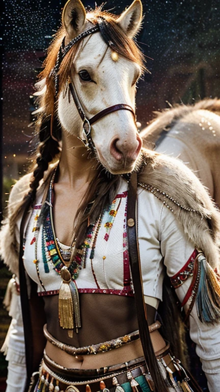 A 3d hyperrealist hyperdetailed alcohol ink mixed media painting of a native american indian woman and her white horse, both adorned with jewels. color pallete includes pale and earthy shades plus reds, blues, greens. background colors matt effect black & gold/ silver glitter, small sparkly sequins. use texture to highlight different features