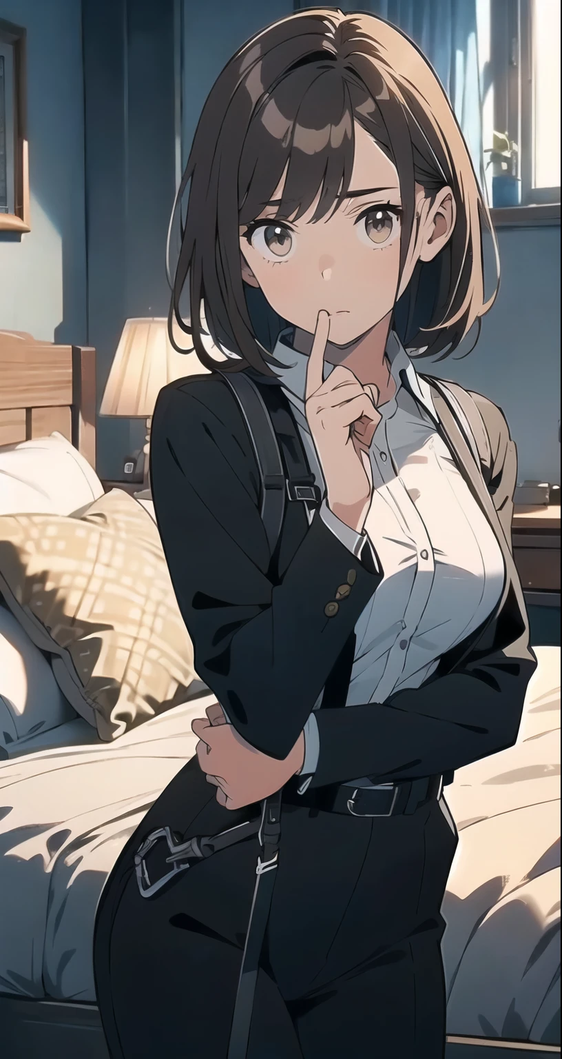 Brown Hair、Staring at the audience　　　Black suspenders　　　bulging big breasts　　 　 　　　wall: 　Black pantsuit　　　　　　sight　　　Small face　 　　　holster　　　Beautiful woman　　Show your hand　　 Lying in bed　　sight 　　Taunt　side　side汗 　arm　Dress shirt　Black Suit　belt