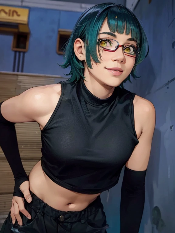 1girl, short hair, green hair, yellow eyes, realistic clothes, beautiful, wear glasses red, background city, realistic, ultra detail, smile