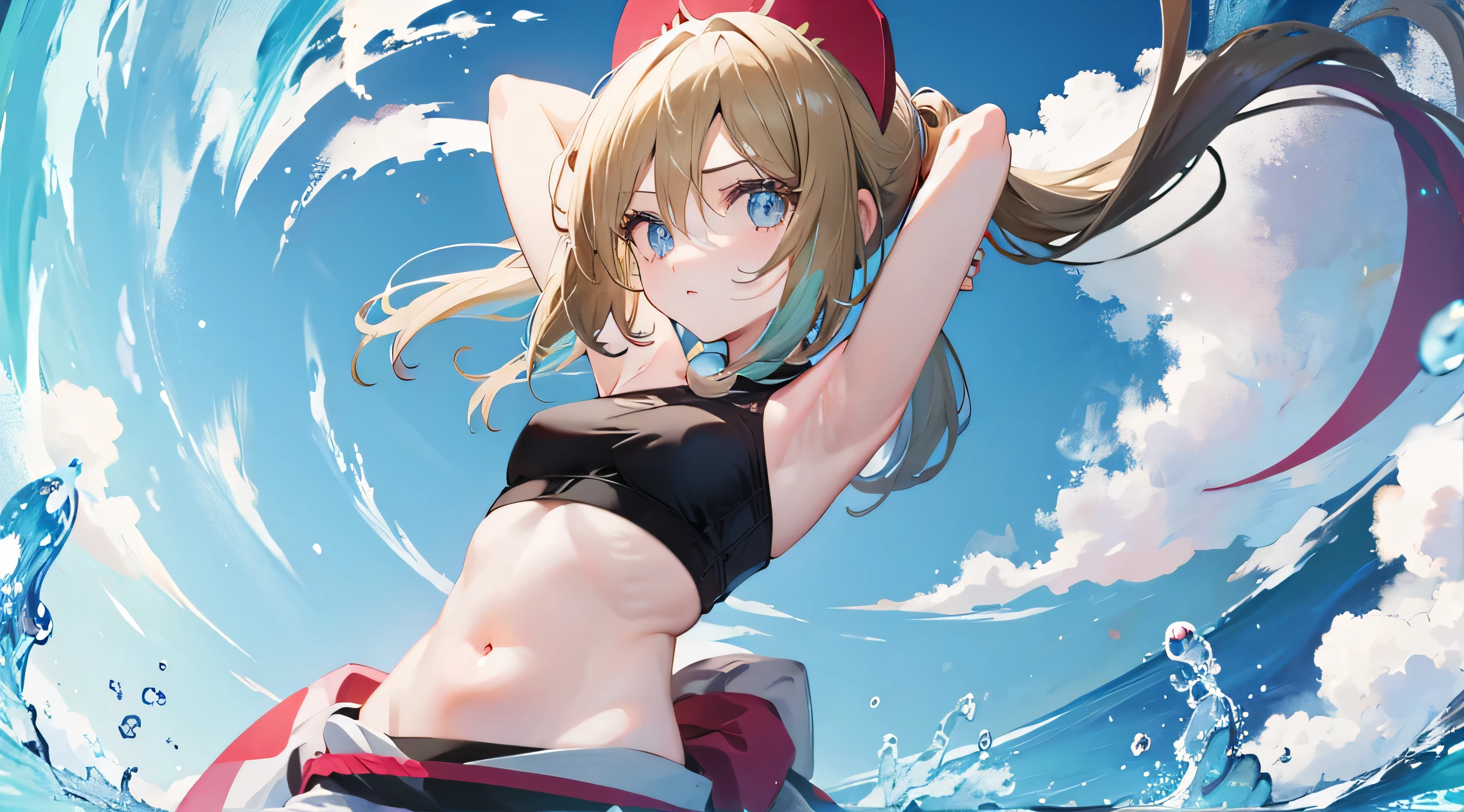 (masterpiece:1.1), hi-res, 4k, extremely delicate and beautiful art, pastel color, anime, beautiful detailed eyes, 1 anime girl, a girl sitting on the ground, lean back with arms behind back, knees up, a futuristic flying object, wind, blue sky with clouds, bare midriff, long hair, the water's edge, dutch angle