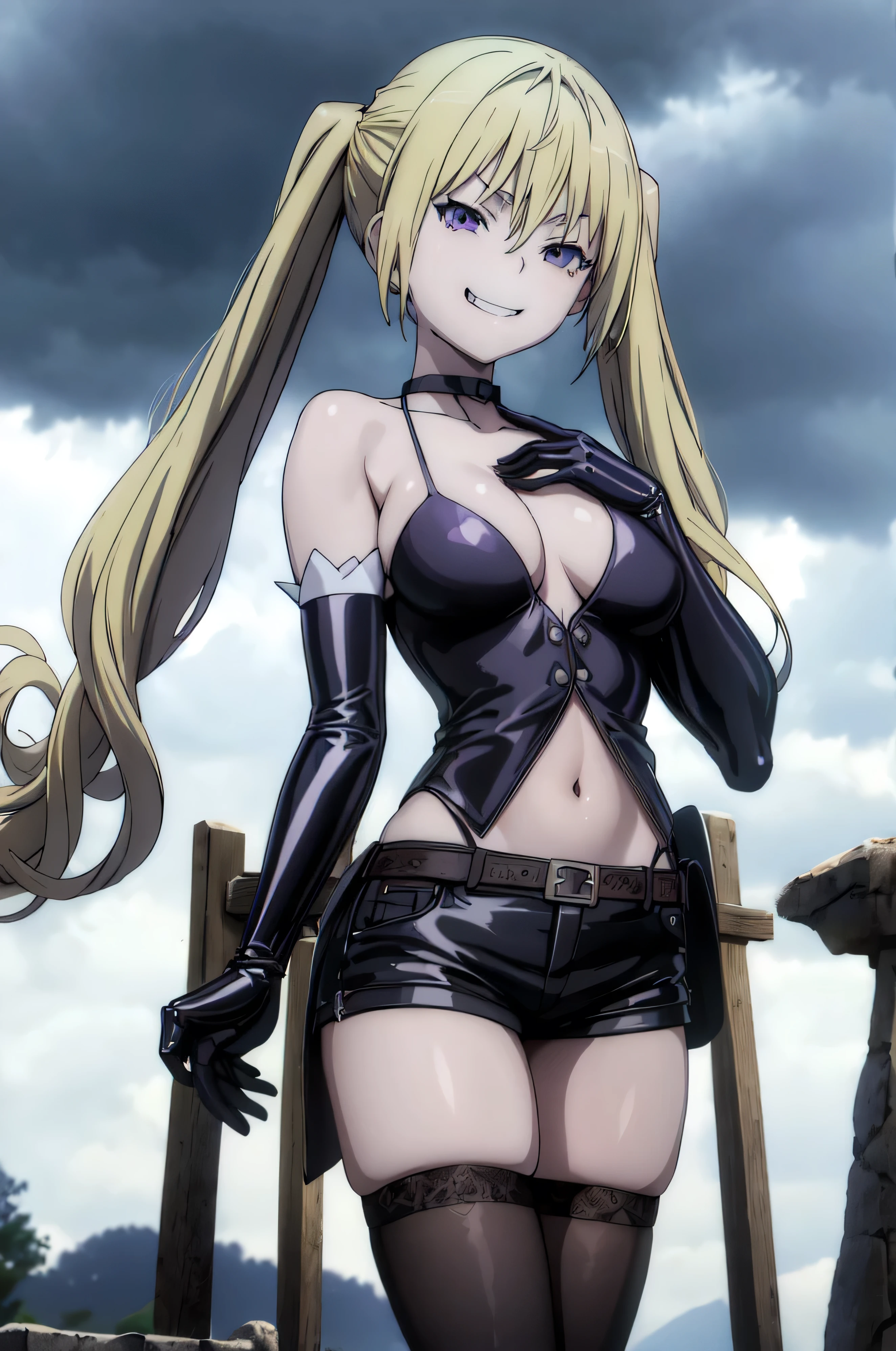 (masterpiece, best quality), 1girl, lieselotte sherlock,high quality, extremely detailed, ,(dark and stormy skies, lightning)(masterpiece:1.0),(Highest_quality:1.0), 超High resolution,4k,Super detailed, photo shoot, 8K, HDR, High resolution, disorganized:1.2, twintail,,looking at viewer,latex,elbow gloves,,, ,official art,short pants,(beautiful_face:1.5),(narrow_waist),,Highly detailed CG Unity 8K wallpaper, perfect lighting,laugh at,evil smile,evil smirk,looking at viewer,latex thighghigh socks,smile bad,