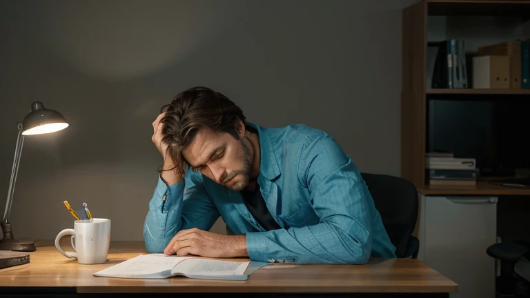 a middle-aged man sitting at his desk in a modern office. Ele parece exausto e desmotivado. The man is slightly leaning back in his ergonomic chair, with one hand supporting the head, o cotovelo descansando sobre a mesa. His eyes are half-closed., mostrando sinais claros de fadiga.
Na mesa, there is a mess of papers, an almost empty coffee mug, an open laptop and several document folders. No monitor do laptop, an internet browser window is open on a social network, while a worksheet is minimized, indicating that he is procrastinating.
Office lighting is soft, with a desk lamp providing warm yellow light. Ao fundo, uma parede de vidro revela um panorama urbano, with tall buildings and city lights. The atmosphere suggests that it is late afternoon, with the sky starting to darken.
Detalhes adicionais incluem uma estante com alguns livros e plantas em vasos, bringing a touch of life to the scene. O homem veste uma camisa social azul claro, um pouco amassada, and dark fabric pants. Your hair is slightly messy, and there is a shadow of beard on his face, indicating that he may have been handling a heavy workload for a few days.
The expression on the man's face is one of exhaustion and discouragement., perfectly capturing the feeling of being stuck in a cycle of procrastination and burnout in the workplace.