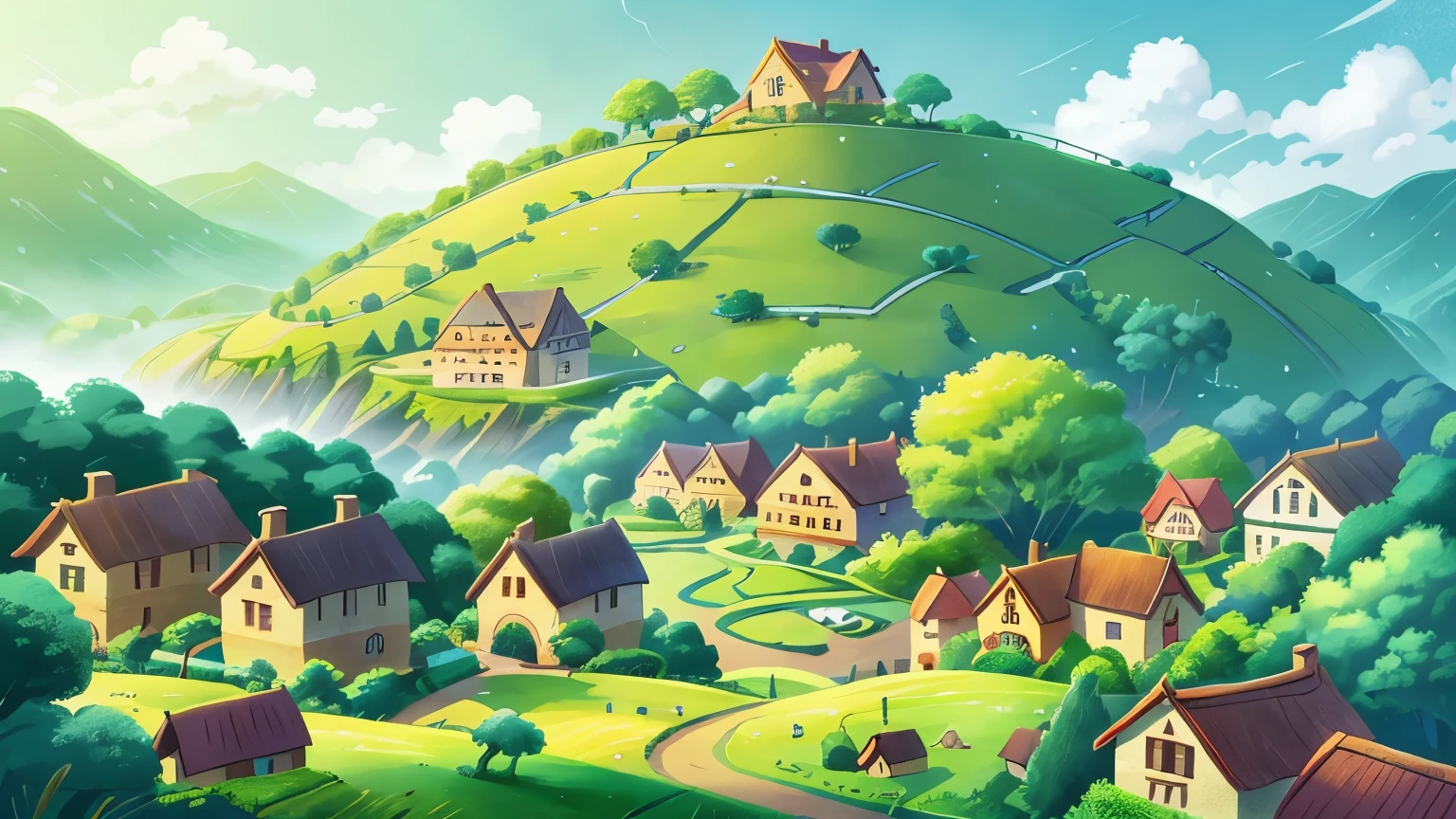 1. A picturesque village set against rolling hills, where the story begins.