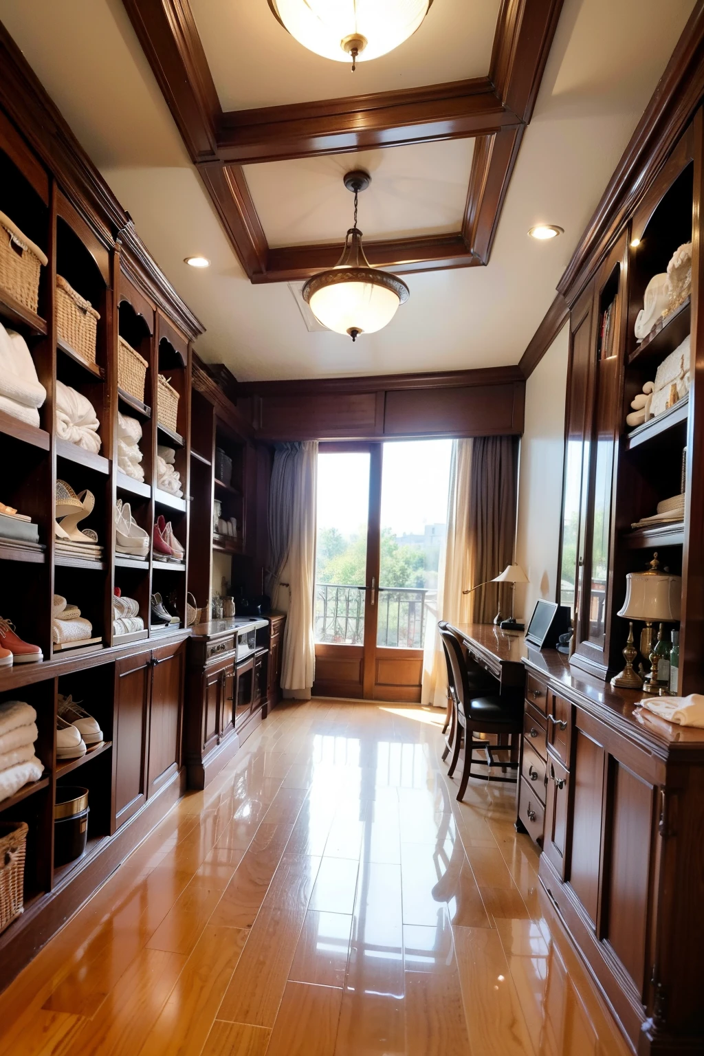 ((best quality)), ((masterpiece)), (detailed), There are cloth shoes on the shelf，Very beautiful ceiling