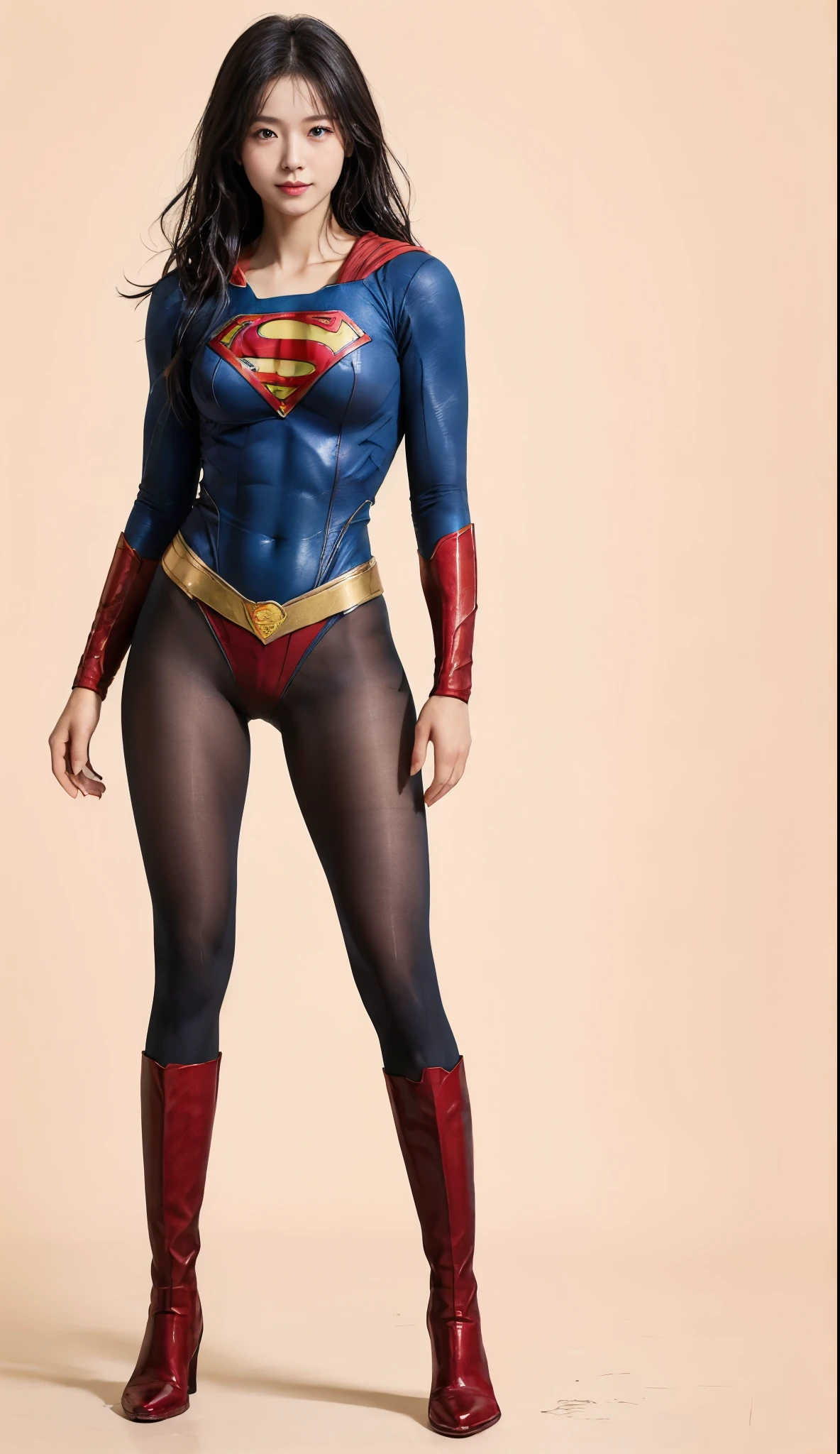 No background、(((Beautiful legs in black tights.)))、(((Legally express the beauty of your smile)))、((((Make the most of your original images)))、(((Supergirl Costume)))、(((Beautiful Hair)))、(((suffering)))、(((Please wear black tights....、Wear red boots)))、((Best image quality、8k))、((highest quality、8k、masterpiece:1.3))、(((Preserve background )))、Sharp focus:1.2、Beautiful woman with perfect figure:1.4、Slim Abs:1.2、Wet body:1.5、Highly detailed face and skin texture、8k