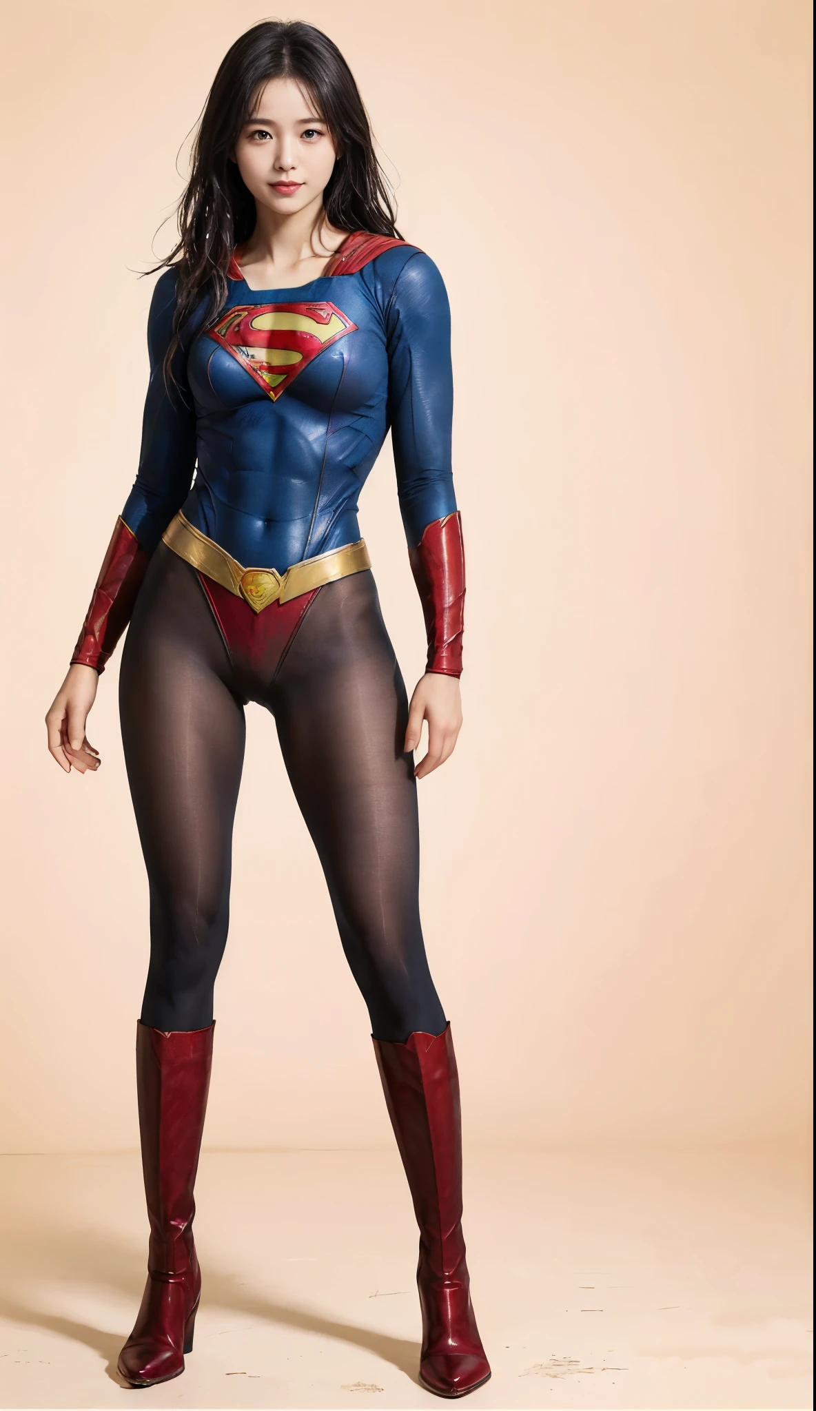 No background、(((Beautiful legs in black tights.)))、(((Legally express the beauty of your smile)))、((((Make the most of your original images)))、(((Supergirl Costume)))、(((Beautiful Hair)))、(((suffering)))、(((Please wear black tights....、Wear red boots)))、((Best image quality、8k))、((highest quality、8k、masterpiece:1.3))、(((Preserve background )))、Sharp focus:1.2、Beautiful woman with perfect figure:1.4、Slim Abs:1.2、Wet body:1.5、Highly detailed face and skin texture、8k