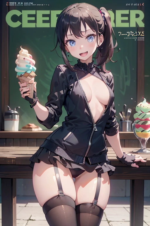 1 girl, small nose, very beautiful detailed face and eyes, bright colors, cute face, delicate beautiful face, Bright magenta eyes, cute eyes, sparkling eyes, Big eyes, (small :1.3), (perky :1.1), (pointed :1.0), (icecream magazine cover:1.3)，highest quality, WorKs of masters, High resolution,BlacK color hair，shiny hair, side ponytail,hair between eyes,bangs, (black jacket, real clothes, cleavage, black skirts, black thighhighs, thigh strap, fingerless gloves, single glove:1.2) , , panties shot, medium , glamorous body, white skin, smile, thin pubric hair, super beautiful face, Super beautiful eyes, Super beautiful hair，trendy outfit， and attractive,full body esbian, Real World, Natural light,perfect Natural light,(with sparkling eyes and a contagious smile), This masterpiece is not only visually stunning but also tells, make of cake cooking , in the kitchen, open mouth, looking at viewer,
