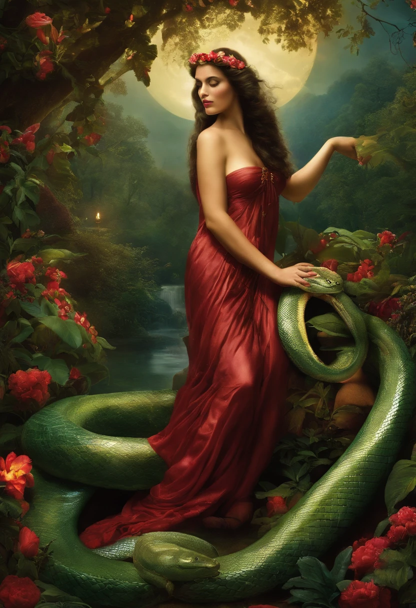 Adam Eve and the serpent, Eden paradise, dark moon garden