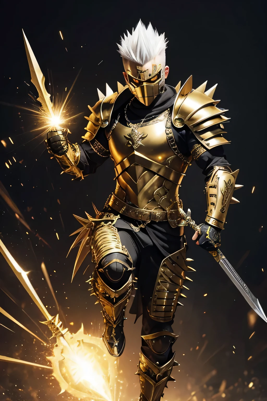 A 25 year old white male with spiked hair wearing a armored pants and chest armor. He has on a gold and black mask. On each arm is a gold brace coming from the braces are two daggers made of light. Full body, jumping toward the camera holding the daggers out to his side.