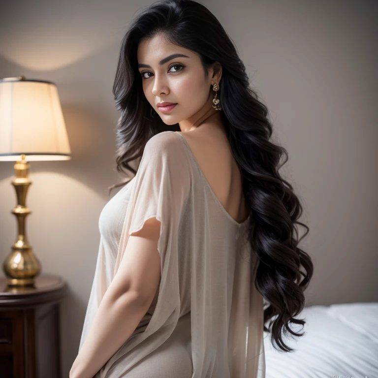 Portrait of A confident-looking indian woman with long flowing black hair, hazel eyes, with flowing capes only, perfect composition, hyperrealistic, super detailed, 8k, high quality, trending art, trending on artstation, sharp focus, bedroom photo, intricate details, highly detailed,sexy, In bedRoom, Indoor , naked, big breast:(1.2) big ass , long legs, without clothes 