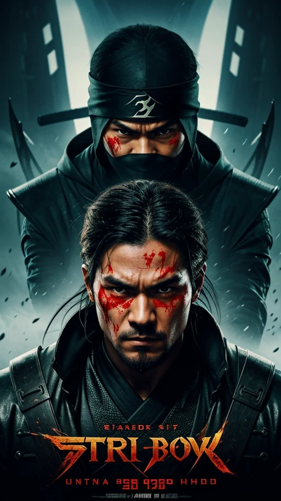 generate a movie poster, poster quality ultra hd, movie about ninja, poster contents the main character, set in feudal japanese age, theres a lot bodycount in the poster, blood everywhere, a male lead character as a ninja facing the camera, with the enemies on the background, big title on the bottom of the poster, the title is 'Storm Shadow'