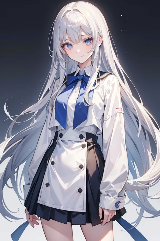 Silver Hair　straight　masterpiece　High school girls　uniform　Half an eye　Fair skin　Slender　Fleeting　Emotionless　Fake smile