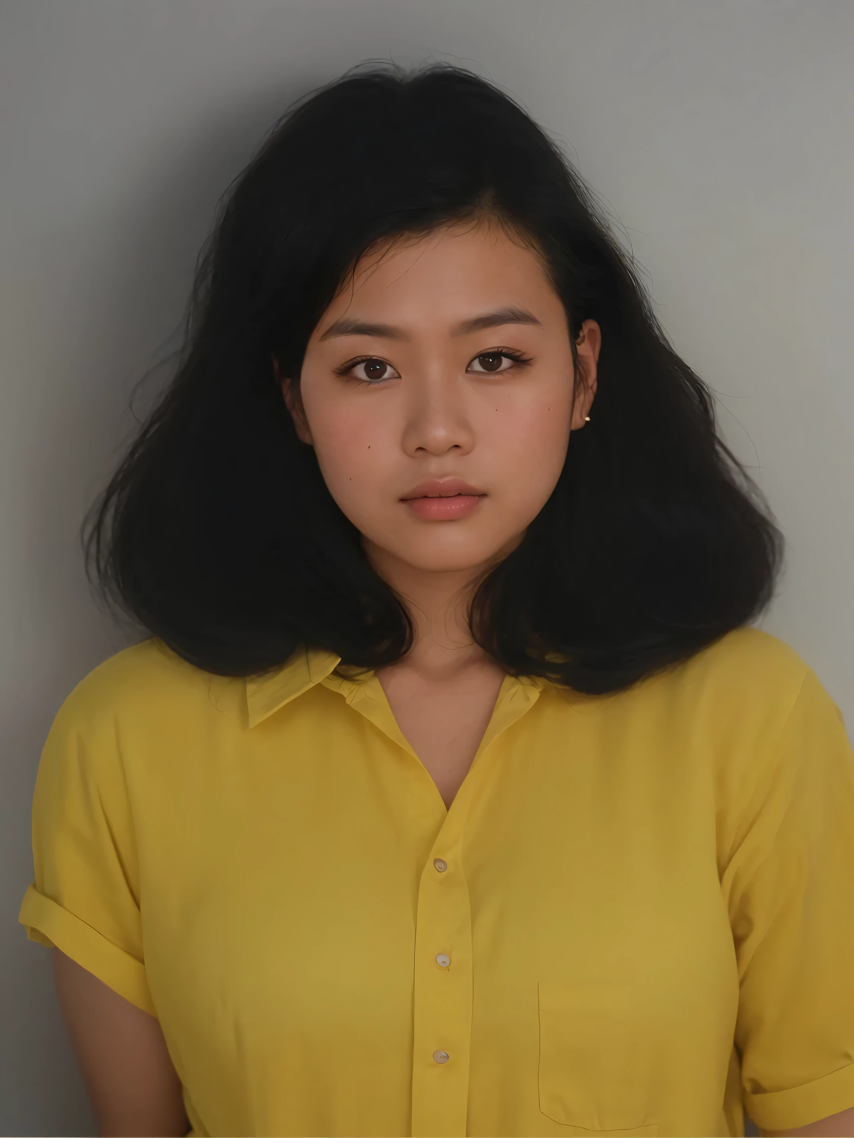 arafed woman with long black hair wearing a yellow shirt, color portrait, mai anh tran, south east asian with round face, nivanh chanthara, realistic studio portrait, a young asian woman, portrait of modern darna, headshot photograph, headshot portrait, realistic portrait photo, mingchen shen, with yellow cloths, headshot photo, closed up portrait